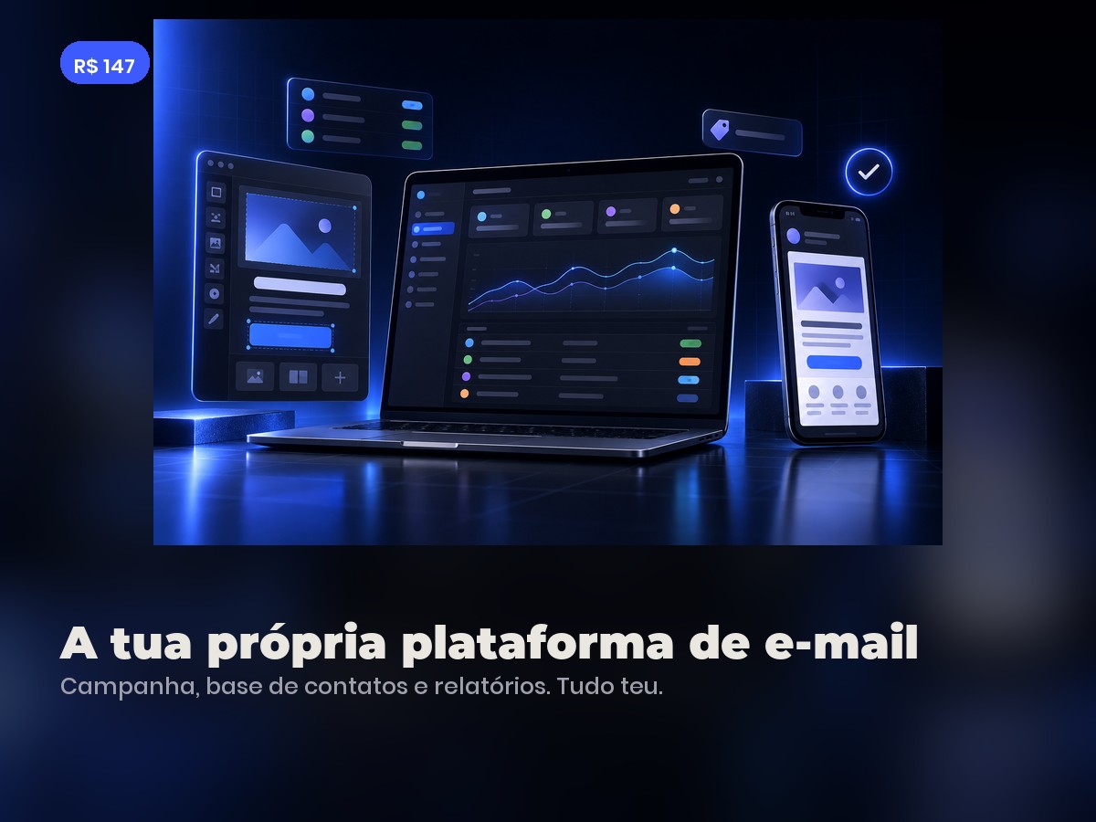 Painel da plataforma de e-mail marketing com campanhas, base de contatos e relatórios